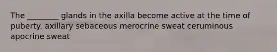 The ________ glands in the axilla become active at the time of puberty. axillary sebaceous merocrine sweat ceruminous apocrine sweat