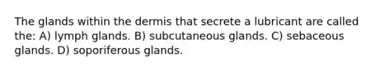 The glands within the dermis that secrete a lubricant are called the: A) lymph glands. B) subcutaneous glands. C) sebaceous glands. D) soporiferous glands.