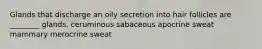 Glands that discharge an oily secretion into hair follicles are ________ glands. ceruminous sabaceous apocrine sweat mammary merocrine sweat