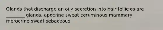 Glands that discharge an oily secretion into hair follicles are ________ glands. apocrine sweat ceruminous mammary merocrine sweat sebaceous