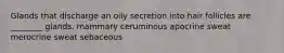 Glands that discharge an oily secretion into hair follicles are ________ glands. mammary ceruminous apocrine sweat merocrine sweat sebaceous