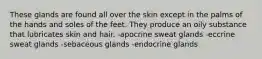 These glands are found all over the skin except in the palms of the hands and soles of the feet. They produce an oily substance that lubricates skin and hair. -apocrine sweat glands -eccrine sweat glands -sebaceous glands -endocrine glands