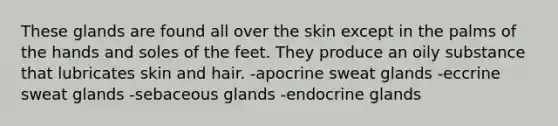 These glands are found all over the skin except in the palms of the hands and soles of the feet. They produce an oily substance that lubricates skin and hair. -apocrine sweat glands -eccrine sweat glands -sebaceous glands -endocrine glands