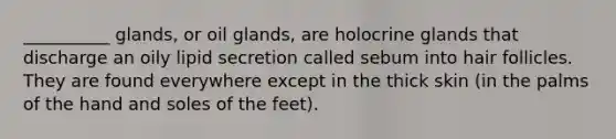 __________ glands, or oil glands, are holocrine glands that discharge an oily lipid secretion called sebum into hair follicles. They are found everywhere except in the thick skin (in the palms of the hand and soles of the feet).