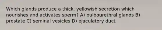 Which glands produce a thick, yellowish secretion which nourishes and activates sperm? A) bulbourethral glands B) prostate C) seminal vesicles D) ejaculatory duct