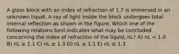 A glass block with an index of refraction of 1.7 is immersed in an unknown liquid. A ray of light inside the block undergoes total internal reflection as shown in the figure. Which one of the following relations best indicates what may be concluded concerning the index of refraction of the liquid, nL? A) nL < 1.0 B) nL ≥ 1.1 C) nL ≥ 1.3 D) nL ≤ 1.1 E) nL ≤ 1.3