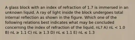 A glass block with an index of refraction of 1.7 is immersed in an unknown liquid. A ray of light inside the block undergoes total internal reflection as shown in the figure. Which one of the following relations best indicates what may be concluded concerning the index of refraction of the liquid, nL? A) nL < 1.0 B) nL ≥ 1.1 C) nL ≥ 1.3 D) nL ≤ 1.1 E) nL ≤ 1.3