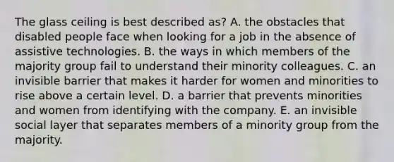 The glass ceiling is best described as? A. the obstacles that disabled people face when looking for a job in the absence of assistive technologies. B. the ways in which members of the majority group fail to understand their minority colleagues. C. an invisible barrier that makes it harder for women and minorities to rise above a certain level. D. a barrier that prevents minorities and women from identifying with the company. E. an invisible social layer that separates members of a minority group from the majority.