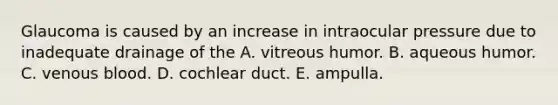 Glaucoma is caused by an increase in intraocular pressure due to inadequate drainage of the A. vitreous humor. B. aqueous humor. C. venous blood. D. cochlear duct. E. ampulla.