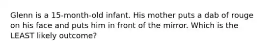 Glenn is a 15-month-old infant. His mother puts a dab of rouge on his face and puts him in front of the mirror. Which is the LEAST likely outcome?