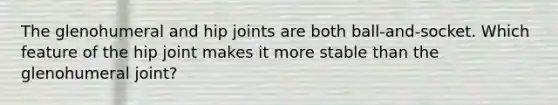 The glenohumeral and hip joints are both ball-and-socket. Which feature of the hip joint makes it more stable than the glenohumeral joint?