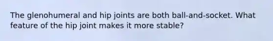 The glenohumeral and hip joints are both ball-and-socket. What feature of the hip joint makes it more stable?