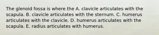 The glenoid fossa is where the A. clavicle articulates with the scapula. B. clavicle articulates with the sternum. C. humerus articulates with the clavicle. D. humerus articulates with the scapula. E. radius articulates with humerus.