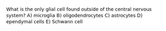 What is the only glial cell found outside of the central nervous system? A) microglia B) oligodendrocytes C) astrocytes D) ependymal cells E) Schwann cell