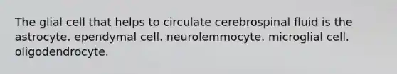 The glial cell that helps to circulate cerebrospinal fluid is the astrocyte. ependymal cell. neurolemmocyte. microglial cell. oligodendrocyte.