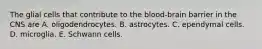 The glial cells that contribute to the blood-brain barrier in the CNS are A. oligodendrocytes. B. astrocytes. C. ependymal cells. D. microglia. E. Schwann cells.