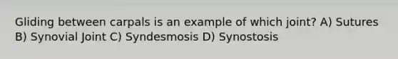 Gliding between carpals is an example of which joint? A) Sutures B) Synovial Joint C) Syndesmosis D) Synostosis