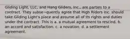 Gliding Light, LLC, and Hang Gliders, Inc., are parties to a contract. They subse¬quently agree that High Riders Inc. should take Gliding Light's place and assume all of its rights and duties under the contract. This is a. a mutual agreement to rescind. b. an accord and satisfaction. c. a novation. d. a settlement agreement.