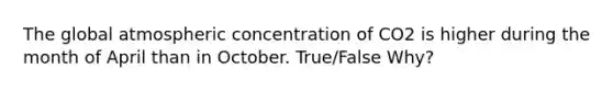 The global atmospheric concentration of CO2 is higher during the month of April than in October. True/False Why?