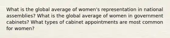 What is the global average of women's representation in national assemblies? What is the global average of women in government cabinets? What types of cabinet appointments are most common for women?