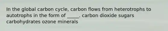 In the global carbon cycle, carbon flows from heterotrophs to autotrophs in the form of _____. carbon dioxide sugars carbohydrates ozone minerals