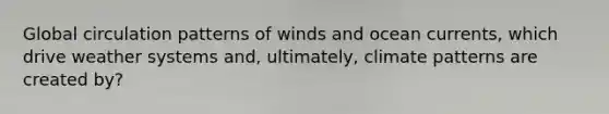 Global circulation patterns of winds and ocean currents, which drive weather systems and, ultimately, climate patterns are created by?