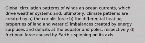 Global circulation patterns of winds an ocean currents, which drive weather systems and, ultimately, climate patterns are created by a) the coriolis force b) the differential heating properties of land and water c) imbalances created by energy surpluses and deficits at the equator and poles, respectively d) frictional force caused by Earth's spinning on its axis