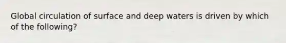 Global circulation of surface and deep waters is driven by which of the following?