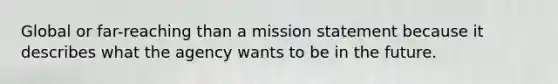 Global or far-reaching than a mission statement because it describes what the agency wants to be in the future.