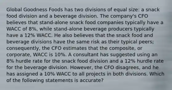 Global Goodness Foods has two divisions of equal size: a snack food division and a beverage division. The company's CFO believes that stand-alone snack food companies typically have a WACC of 8%, while stand-alone beverage producers typically have a 12% WACC. He also believes that the snack food and beverage divisions have the same risk as their typical peers; consequently, the CFO estimates that the composite, or corporate, WACC is 10%. A consultant has suggested using an 8% hurdle rate for the snack food division and a 12% hurdle rate for the beverage division. However, the CFO disagrees, and he has assigned a 10% WACC to all projects in both divisions. Which of the following statements is accurate?