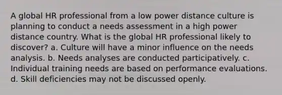 A global HR professional from a low power distance culture is planning to conduct a needs assessment in a high power distance country. What is the global HR professional likely to discover? a. Culture will have a minor influence on the needs analysis. b. Needs analyses are conducted participatively. c. Individual training needs are based on performance evaluations. d. Skill deficiencies may not be discussed openly.