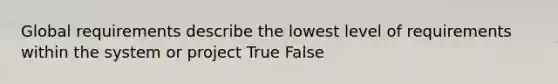 Global requirements describe the lowest level of requirements within the system or project True False