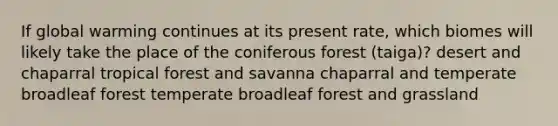 If global warming continues at its present rate, which biomes will likely take the place of the coniferous forest (taiga)? desert and chaparral tropical forest and savanna chaparral and temperate broadleaf forest temperate broadleaf forest and grassland