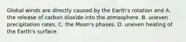 Global winds are directly caused by the Earth's rotation and A. the release of carbon dioxide into the atmosphere. B. uneven precipitation rates. C. the Moon's phases. D. uneven heating of the Earth's surface.