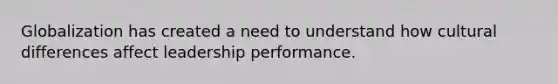 Globalization has created a need to understand how cultural differences affect leadership performance.