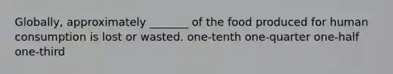 Globally, approximately _______ of the food produced for human consumption is lost or wasted. one-tenth one-quarter one-half one-third