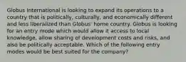 Globus International is looking to expand its operations to a country that is politically, culturally, and economically different and less liberalized than Globus' home country. Globus is looking for an entry mode which would allow it access to local knowledge, allow sharing of development costs and risks, and also be politically acceptable. Which of the following entry modes would be best suited for the company?