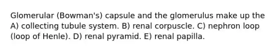 Glomerular (Bowman's) capsule and the glomerulus make up the A) collecting tubule system. B) renal corpuscle. C) nephron loop (loop of Henle). D) renal pyramid. E) renal papilla.