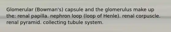 Glomerular (Bowman's) capsule and the glomerulus make up the: renal papilla. nephron loop (loop of Henle). renal corpuscle. renal pyramid. collecting tubule system.