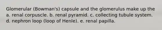 Glomerular (Bowman's) capsule and the glomerulus make up the a. renal corpuscle. b. renal pyramid. c. collecting tubule system. d. nephron loop (loop of Henle). e. renal papilla.