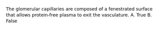 The glomerular capillaries are composed of a fenestrated surface that allows protein-free plasma to exit the vasculature. A. True B. False