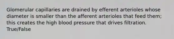 Glomerular capillaries are drained by efferent arterioles whose diameter is smaller than the afferent arterioles that feed them; this creates the high blood pressure that drives filtration. True/False