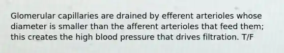 Glomerular capillaries are drained by efferent arterioles whose diameter is smaller than the afferent arterioles that feed them; this creates the high <a href='https://www.questionai.com/knowledge/kD0HacyPBr-blood-pressure' class='anchor-knowledge'>blood pressure</a> that drives filtration. T/F