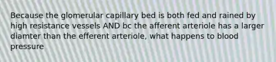 Because the glomerular capillary bed is both fed and rained by high resistance vessels AND bc the afferent arteriole has a larger diamter than the efferent arteriole, what happens to blood pressure