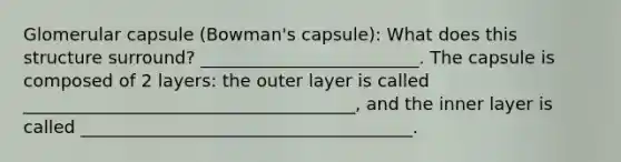 Glomerular capsule (Bowman's capsule): What does this structure surround? _________________________. The capsule is composed of 2 layers: the outer layer is called ______________________________________, and the inner layer is called ______________________________________.