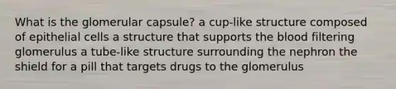 What is the glomerular capsule? a cup-like structure composed of epithelial cells a structure that supports <a href='https://www.questionai.com/knowledge/k7oXMfj7lk-the-blood' class='anchor-knowledge'>the blood</a> filtering glomerulus a tube-like structure surrounding the nephron the shield for a pill that targets drugs to the glomerulus