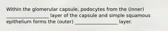 Within the glomerular capsule, podocytes from the (inner) __________________ layer of the capsule and simple squamous epithelium forms the (outer) __________________ layer.