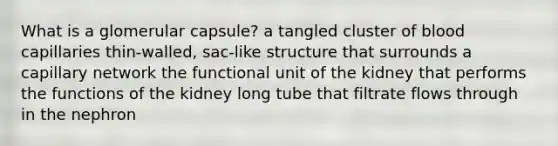 What is a glomerular capsule? a tangled cluster of blood capillaries thin-walled, sac-like structure that surrounds a capillary network the functional unit of the kidney that performs the functions of the kidney long tube that filtrate flows through in the nephron