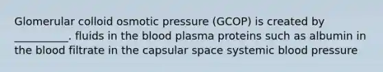 Glomerular colloid osmotic pressure (GCOP) is created by __________. fluids in the blood plasma proteins such as albumin in the blood filtrate in the capsular space systemic blood pressure