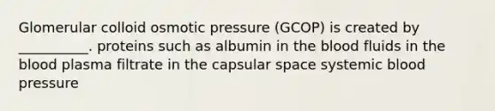 Glomerular colloid osmotic pressure (GCOP) is created by __________. proteins such as albumin in the blood fluids in the blood plasma filtrate in the capsular space systemic blood pressure